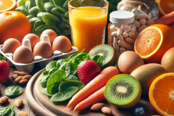 Mesa de madeira com frutas, vegetais, nozes e suplementos representando uma dieta rica em vitaminas para fortalecer a imunidade.