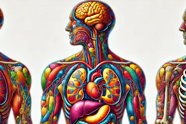 Ilustração detalhada e colorida do corpo humano com órgãos visíveis em cores vibrantes, destacando a anatomia humana.